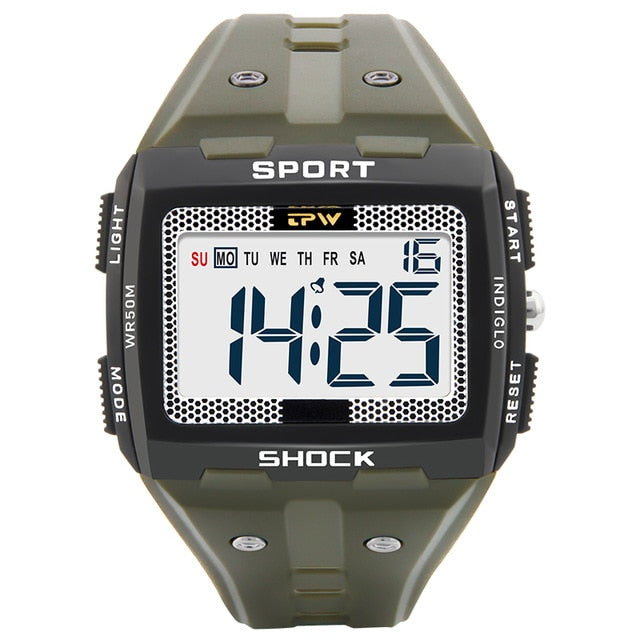 Big Number Men Sport Watch Multifunction Stop watch Fitness Alarm Clock 5Bar Waterproof Back Light Square